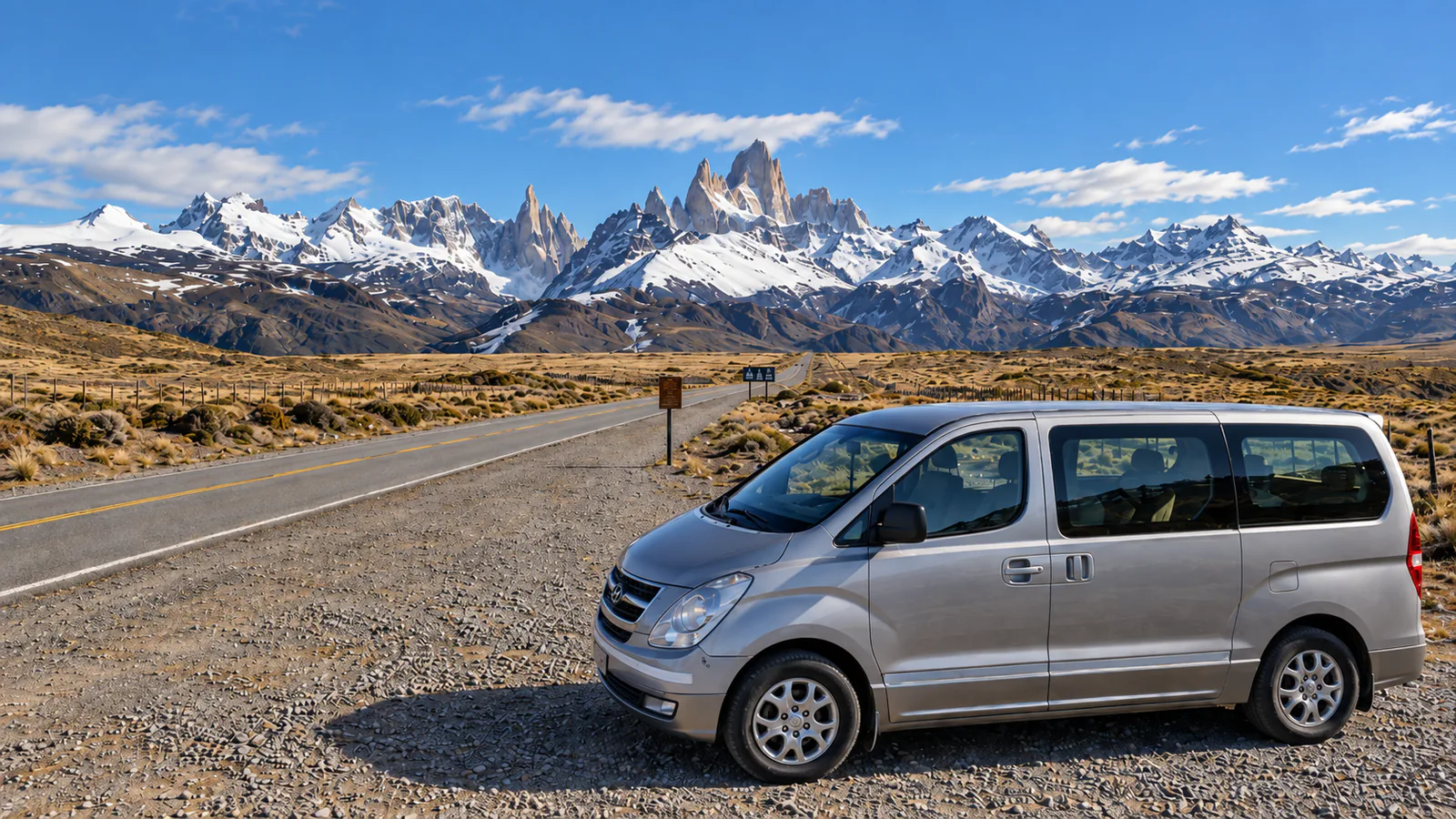 Vehículo junto a la carretera hacia las montañas de la Patagonia